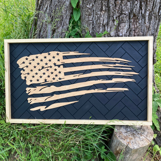 Extra Large Framed American Flag, Wooden Tattered First Responder Flag