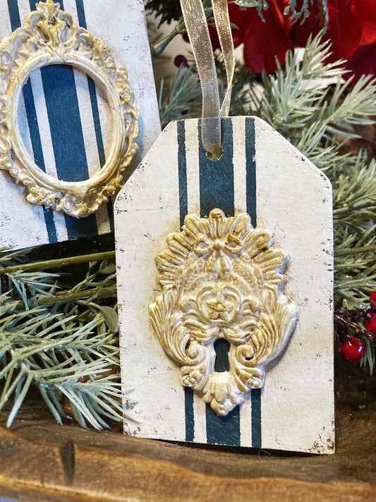 Set of 2 Grain Sack Inspired Tag Ornaments