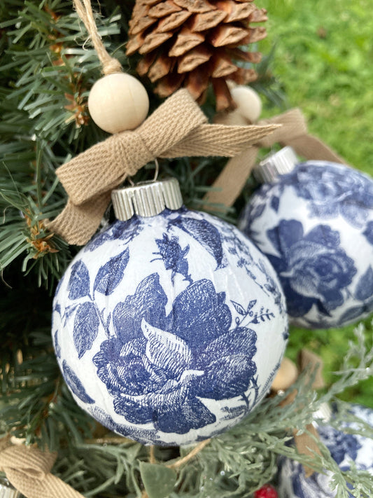 Sets of Vintage Style Blue & White Floral Christmas Ornaments