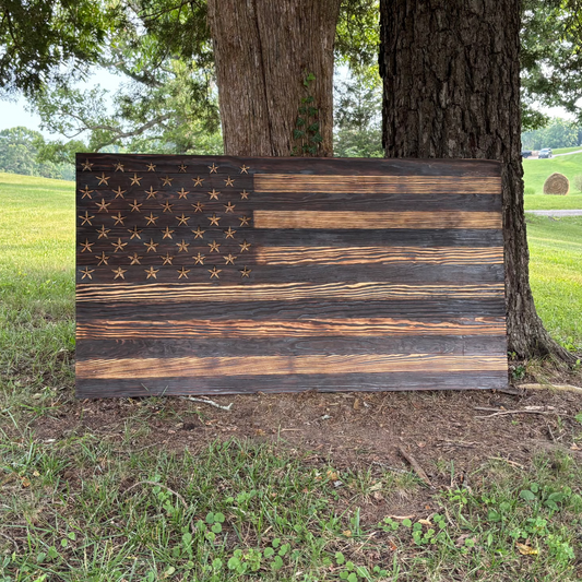 5 ft Burned & Carved Wood American Flag, Extra Large Rustic Flag