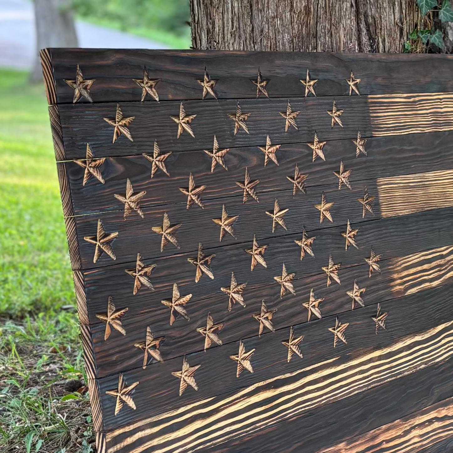 5 ft Burned & Carved Wood American Flag, Extra Large Rustic Flag