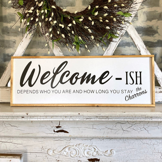 Decorative sign with 'Welcome -ish' text on a rustic wooden surface with a wreath above.