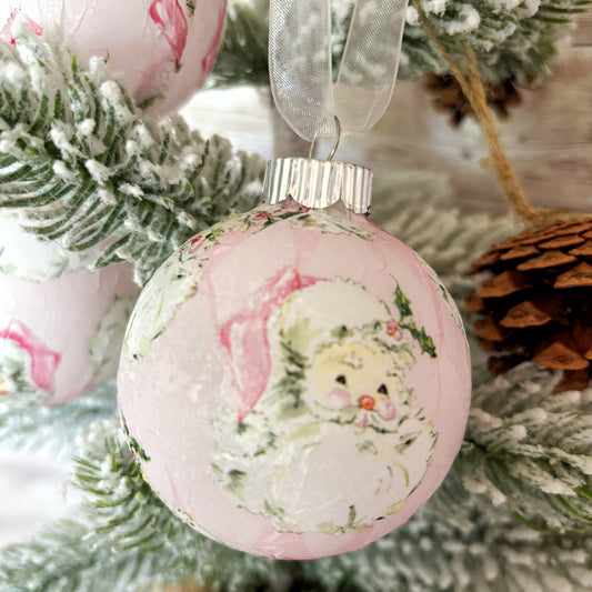 Pink Santa Decoupage Christmas Ornaments