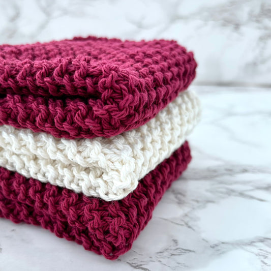 Hand Knit Dishcloths Set of Two / Wine and Creme Colors