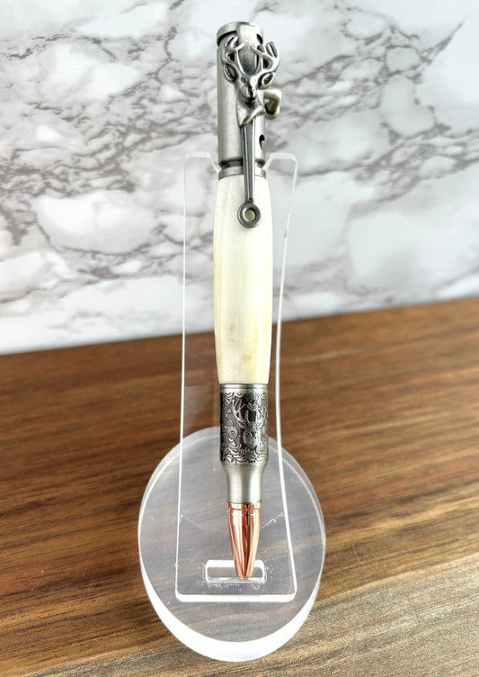 Hand Turned Deer Hunter Pen Made With Antler-Antique Pewter