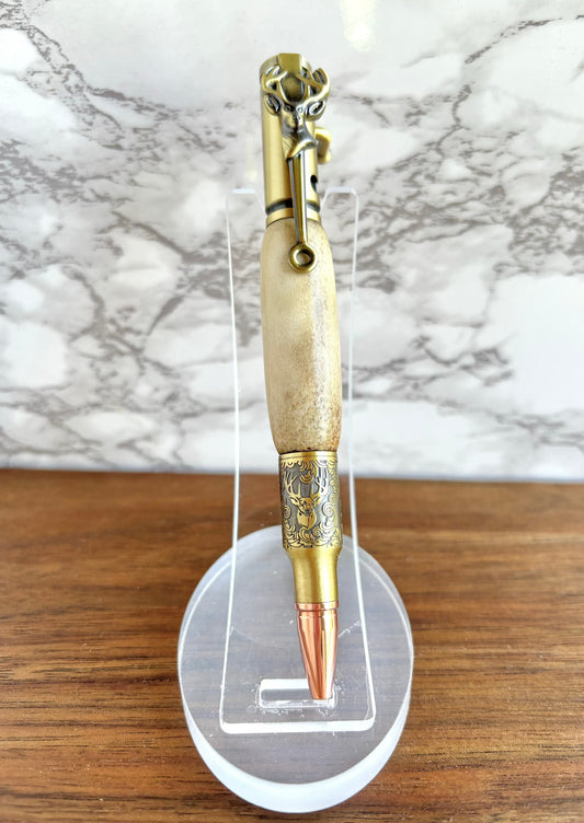 Hand Turned Deer Hunter Pen Made With Antler-Antique Brass