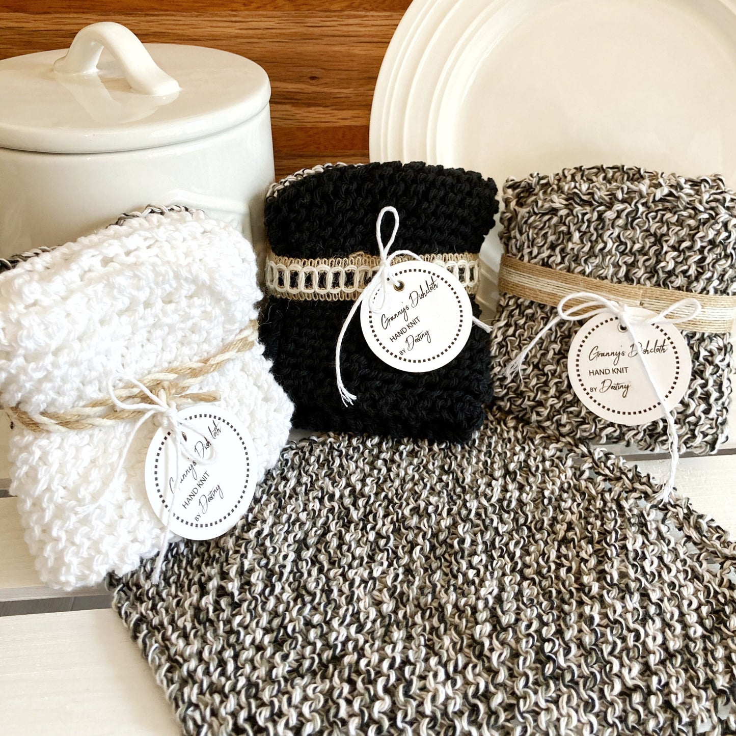 Hand Knit Dishcloths, Cotton Black & White Dish Cloths