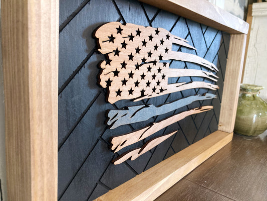 Medium Thin Blue Line Wood Flag for Police Support, Tattered American Flag Decor for the Home, Unique Gift for Police Wife, Back The Blue