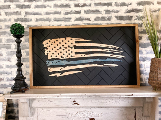 Extra Large Framed American Flag, Wooden Tattered First Responder Flag