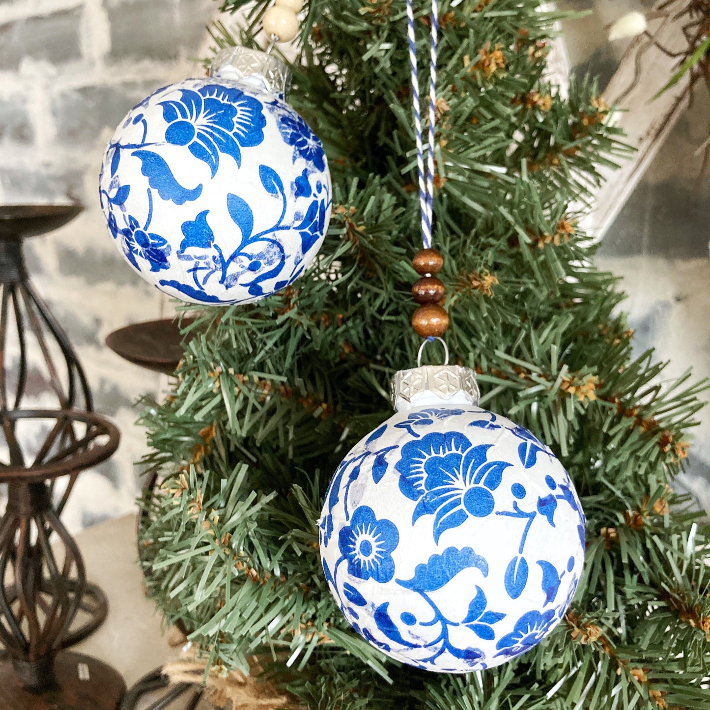 Sets of Farmhouse Christmas Ornaments Handmade, Blue & White Christmas Tree Decor