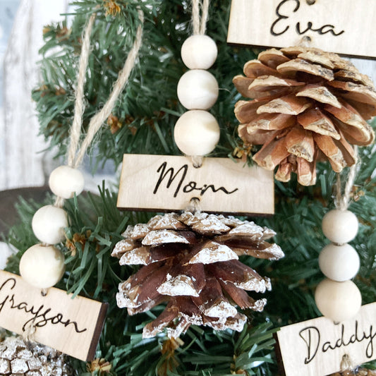 Personalized Pinecone Christmas Ornaments, Custom Name Gift Tags