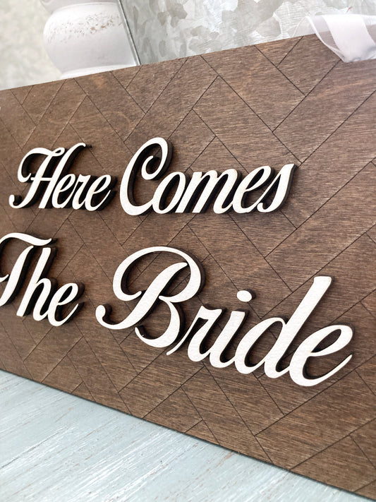 Here Comes The Bride Sign With Herringbone Background and 3D Letters