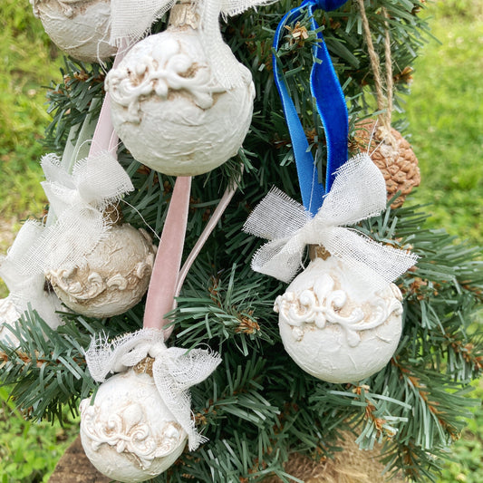 Set of 6 Mini French Country Glass Christmas Ornaments With Velvet Ribbon