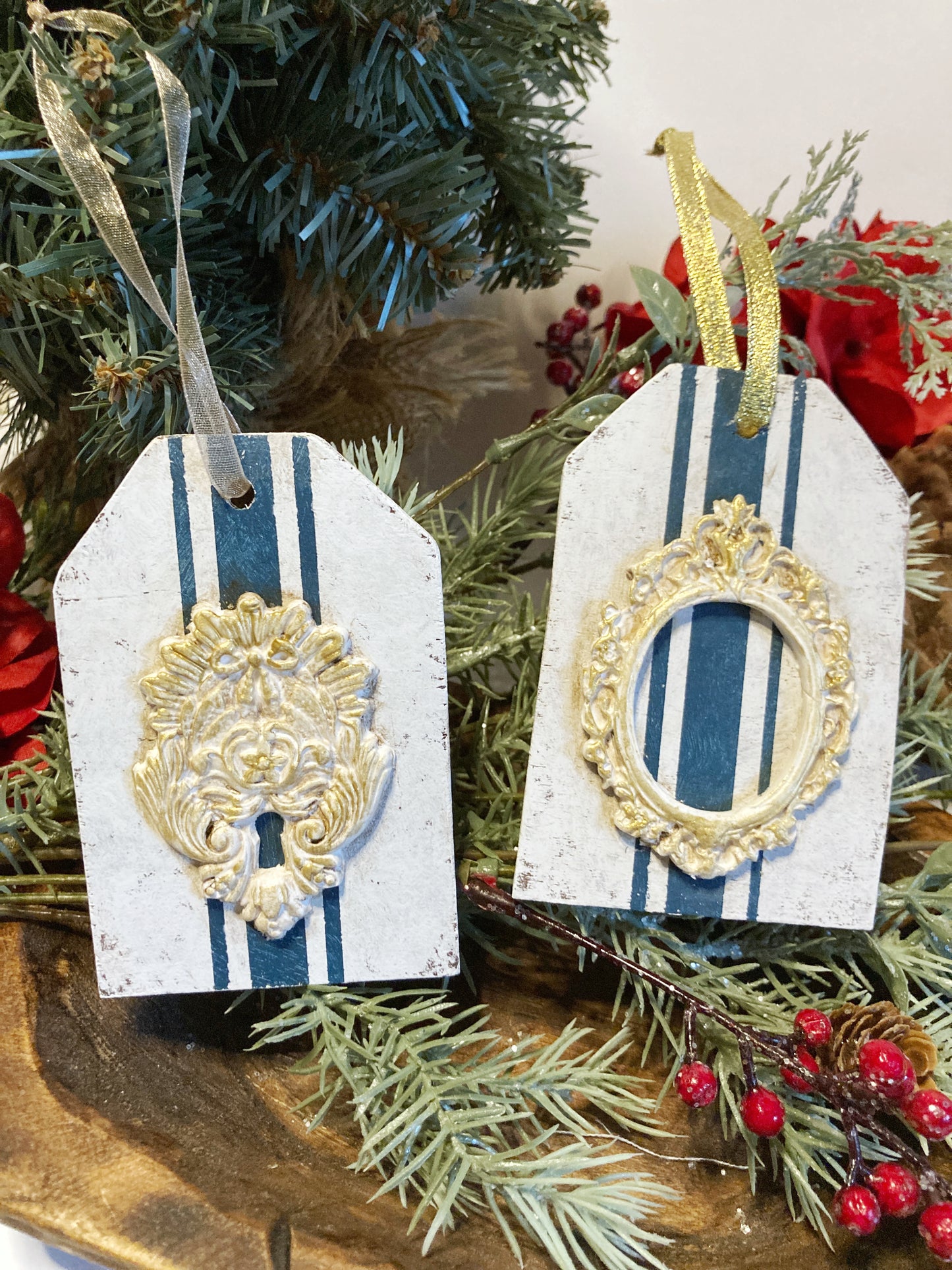 Set of 2 Grain Sack Inspired Tag Ornaments