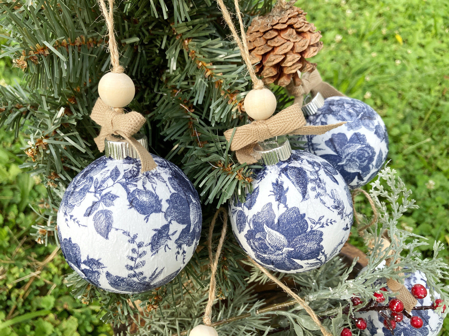 Sets of Vintage Style Blue & White Floral Christmas Ornaments