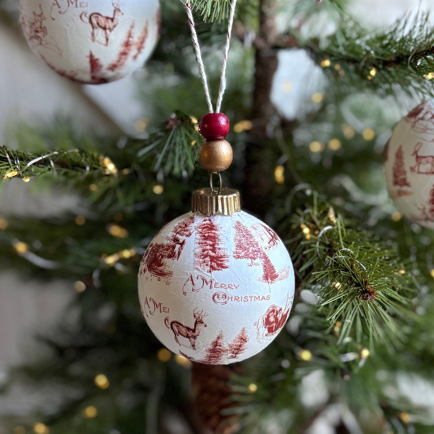 Red Sleigh Toile Christmas Ornament Sets