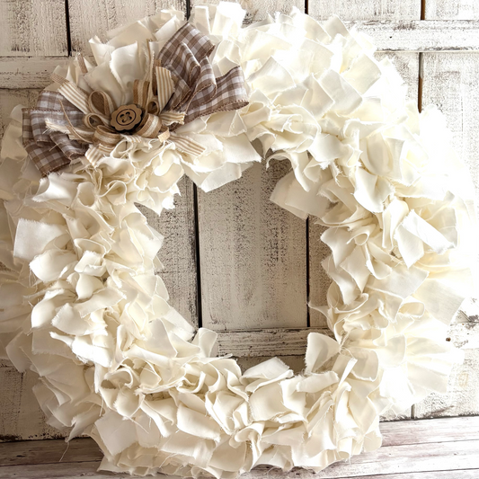 Rag Wreath Large Neutral Bow