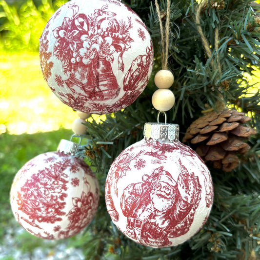 Sets of Red Toile Christmas Ornaments