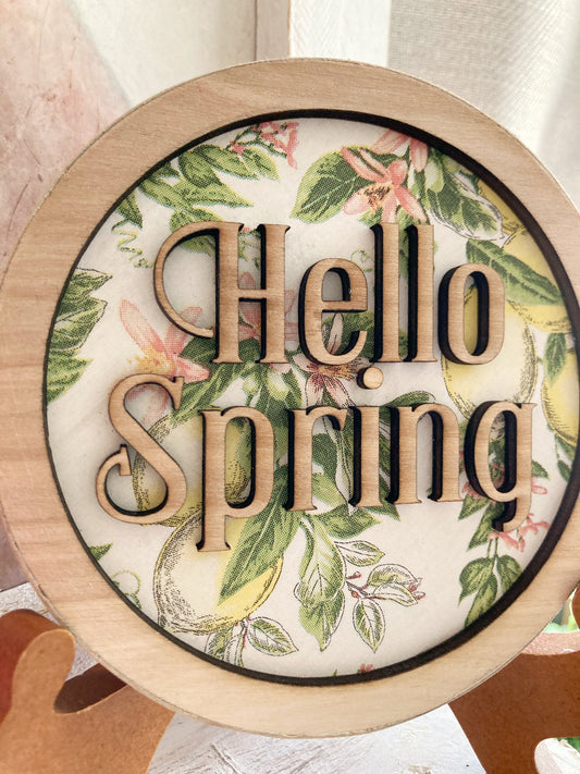 Small Round Hello Spring Wood Sign