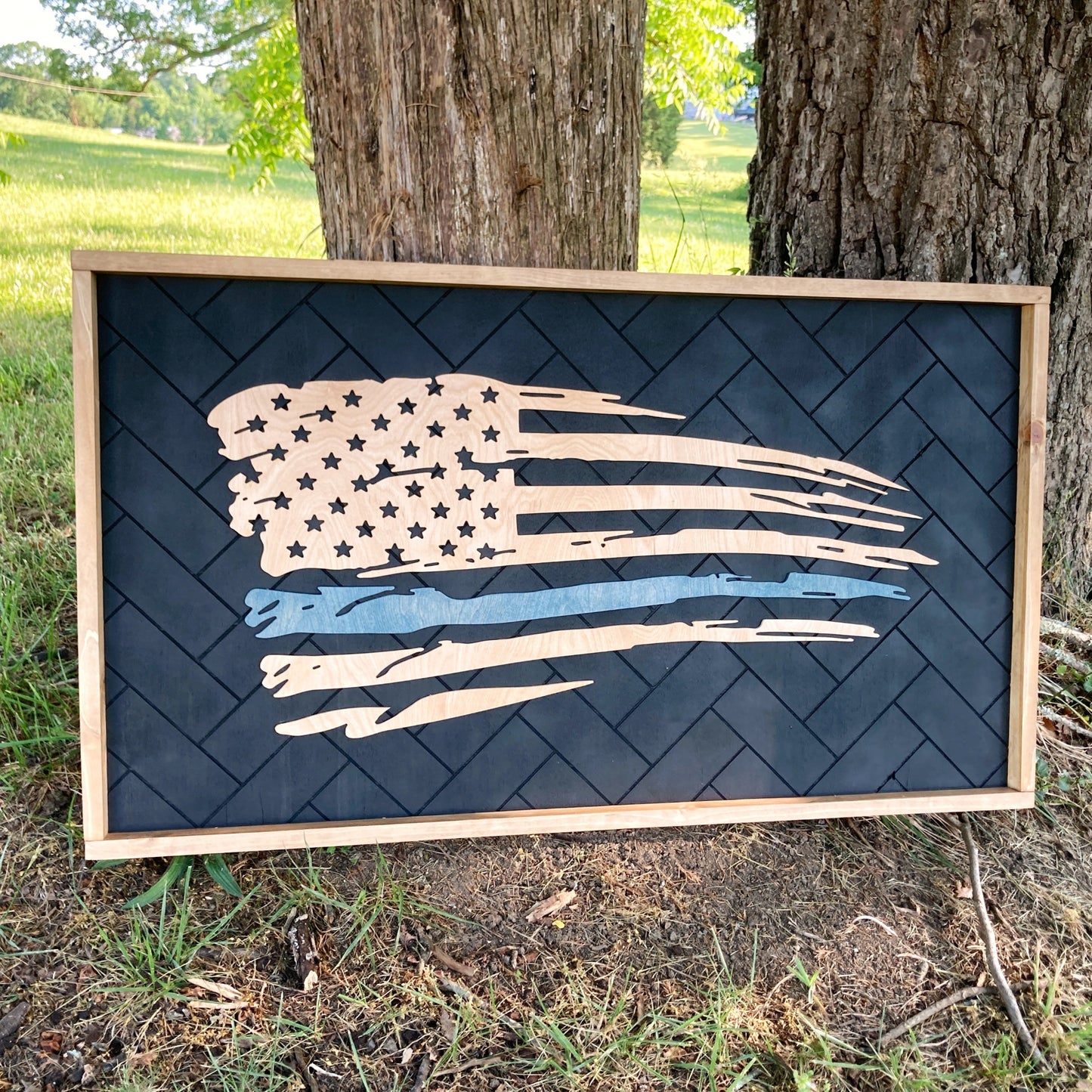 Extra Large Framed American Flag, Wooden Tattered First Responder Flag