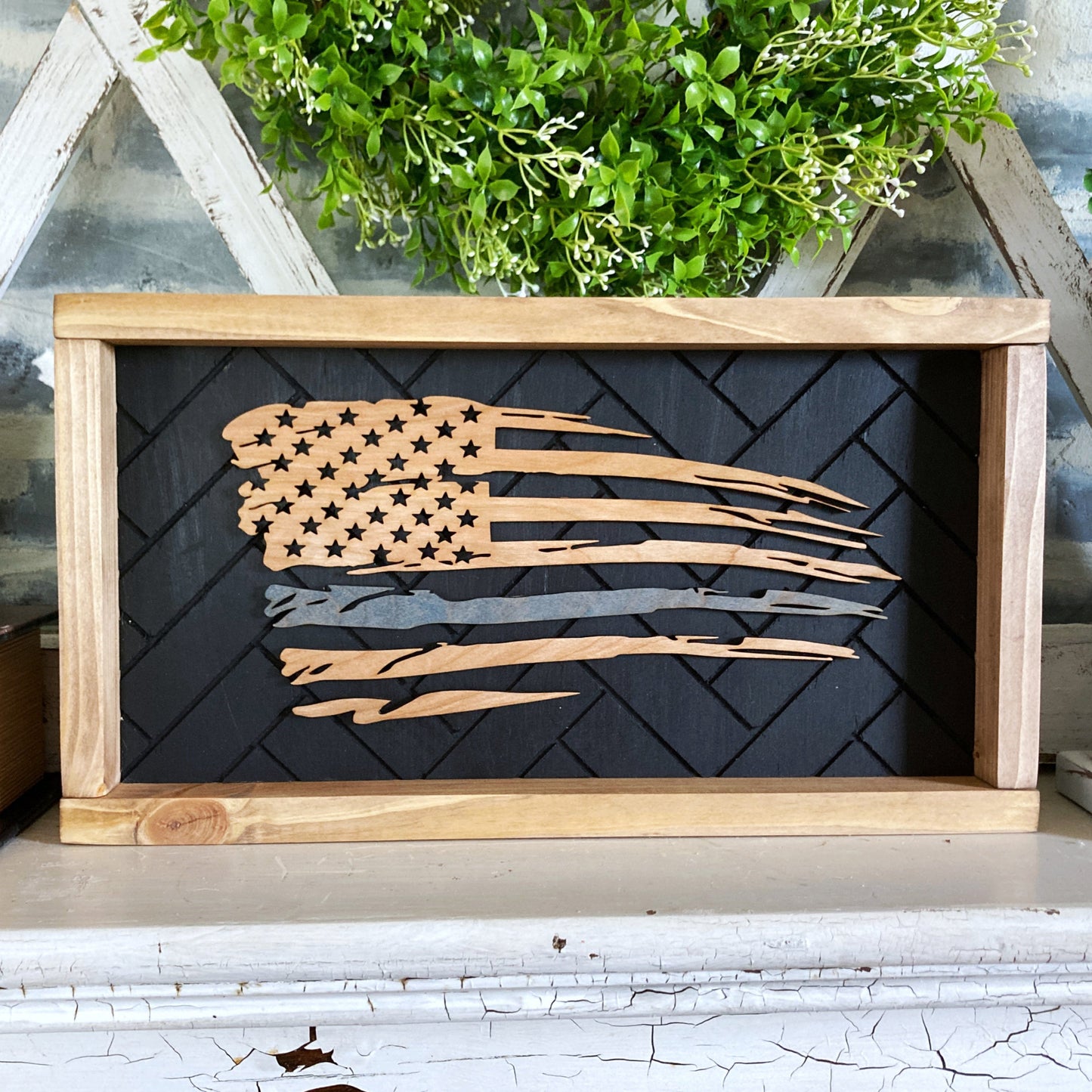 Medium Thin Blue Line Wood Flag for Police Support, Tattered American Flag Decor for the Home, Unique Gift for Police Wife, Back The Blue