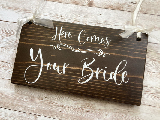 Here Comes Your Bride Small Ring Bearer Wood Sign with Ribbon