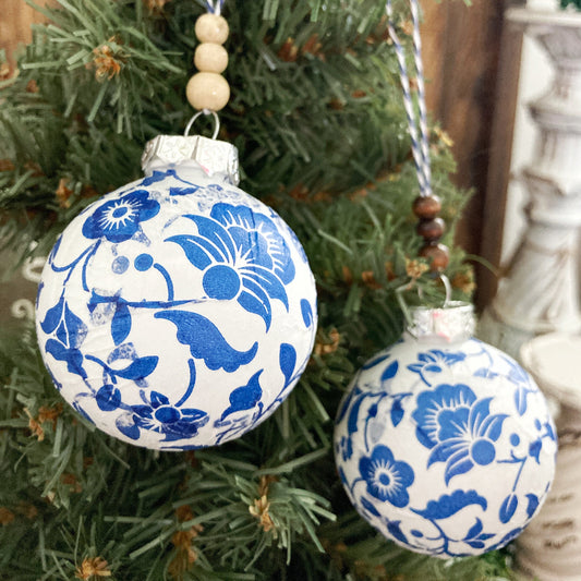 Sets of Farmhouse Christmas Ornaments Handmade, Blue & White Christmas Tree Decor