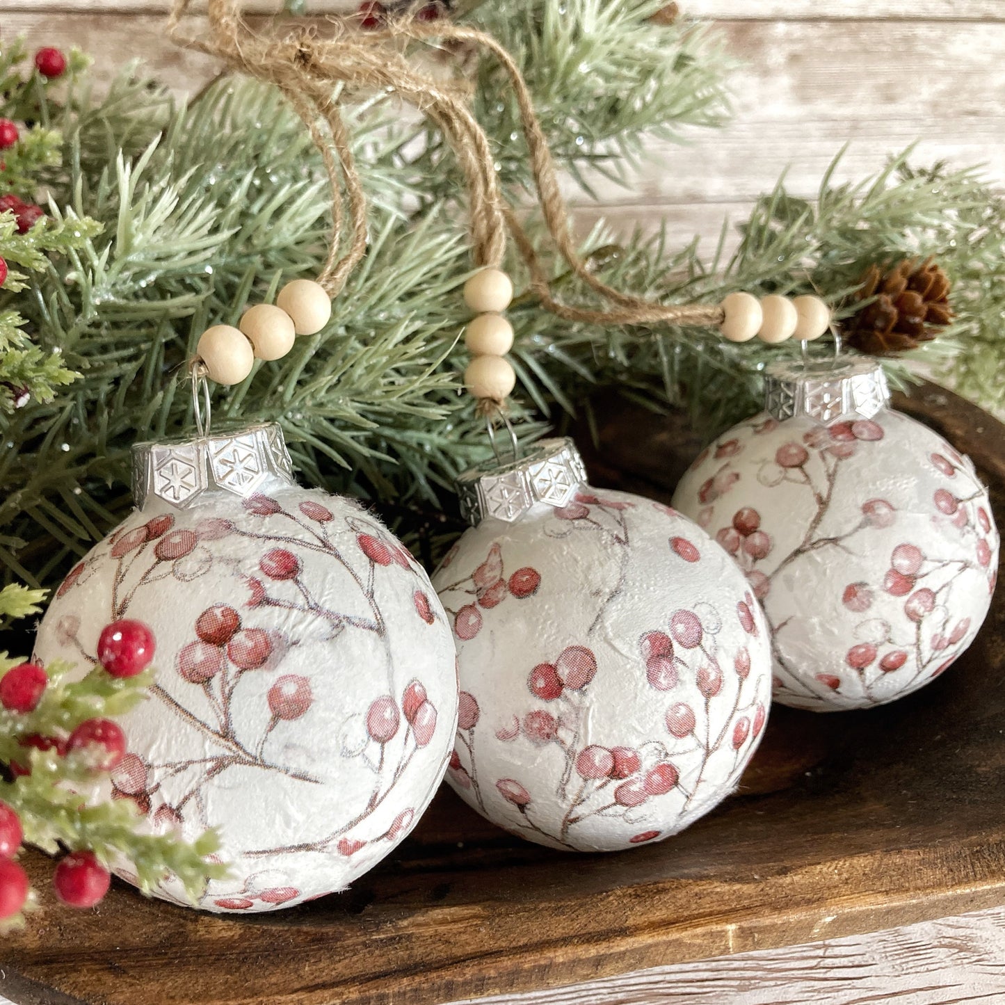 Winterberry Decoupaged Shatterproof Ornaments
