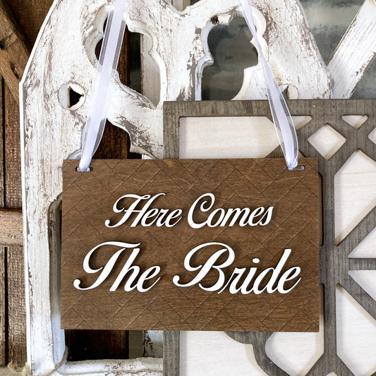 Here Comes The Bride Sign With Herringbone Background and 3D Letters