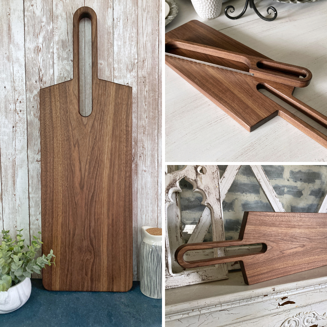 Solid walnut 2 foot long cutting board with a long oval shaped cutout handle. The matching bow cutting knife makes cutiing bread easy and the set beautiful when not in use. Use as a bread board  or charcuterie board